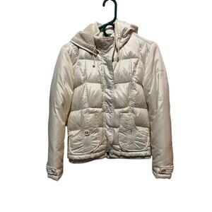 DKNY Active Down Puffer Jacket White Hood Zip Snap Closure Women's Small FLAW
